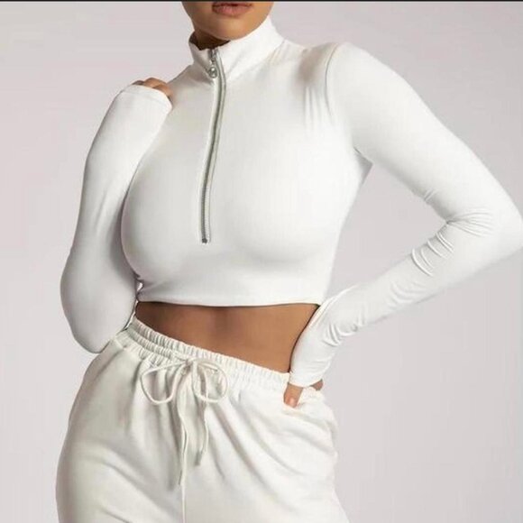 Meshki Ashlea Long Sleeve Zip Up Crop Top Sand Size Large - Picture 1 of 7